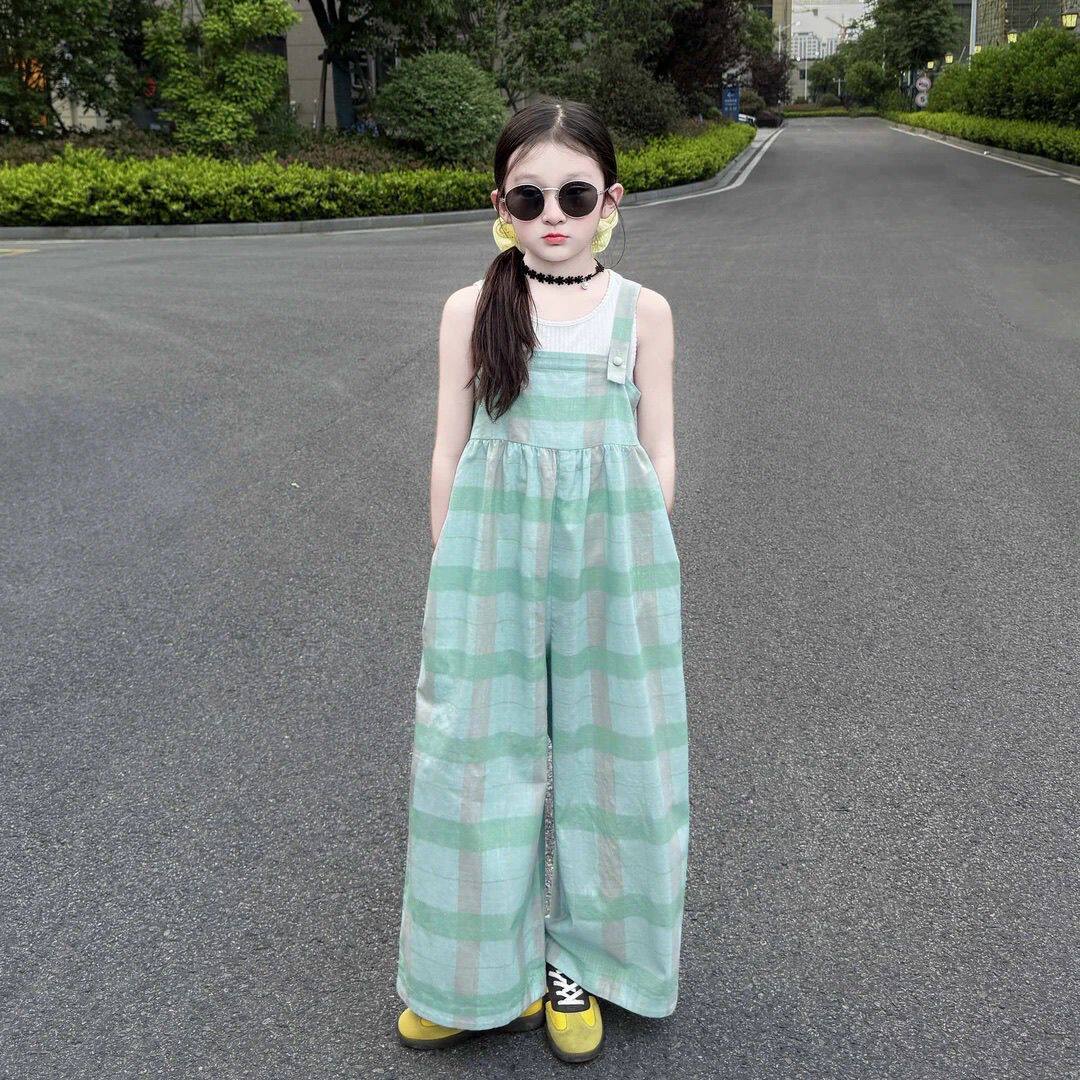 女童夏季套装格子背带裤2026新款洋气甜美宽松夏装背心休闲两件套