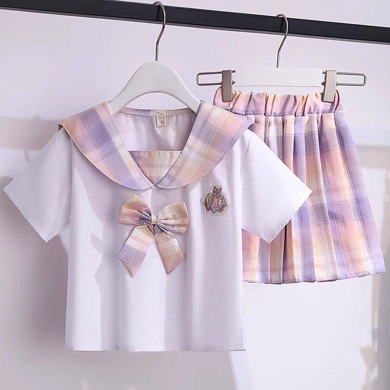 姐妹装夏季新款小女孩套装儿童JK制服中大童jk学院风百褶裙两件套