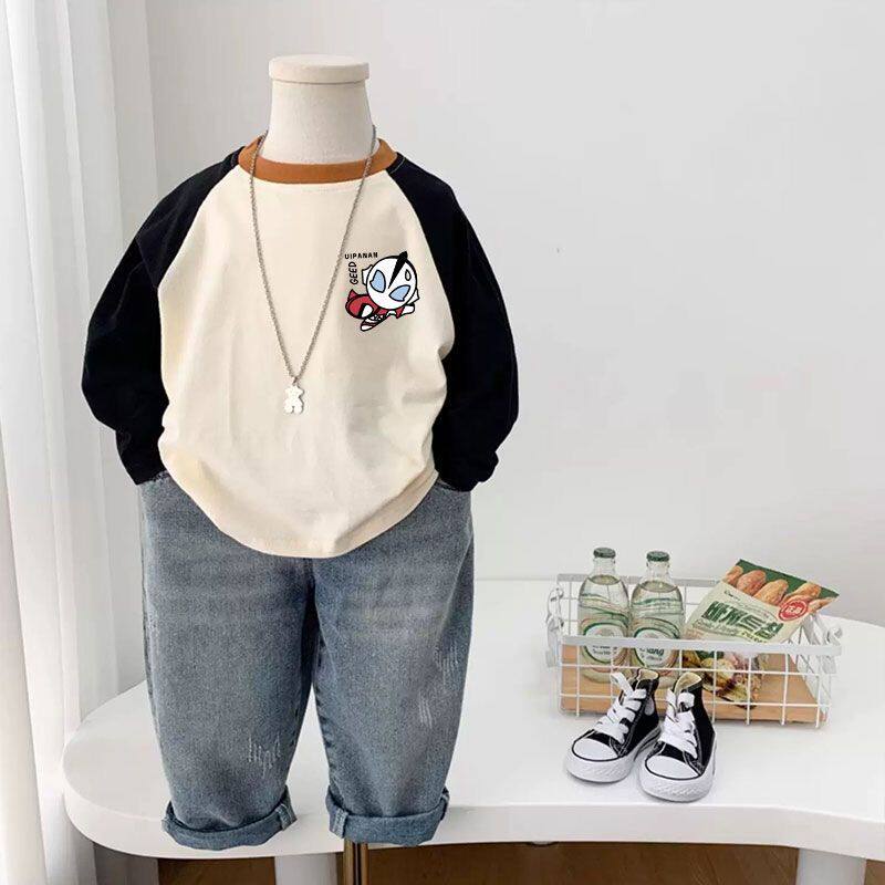 2026插肩拼儿童纯棉T恤男童长袖奥特曼打底春秋宝宝衣服新款上衣