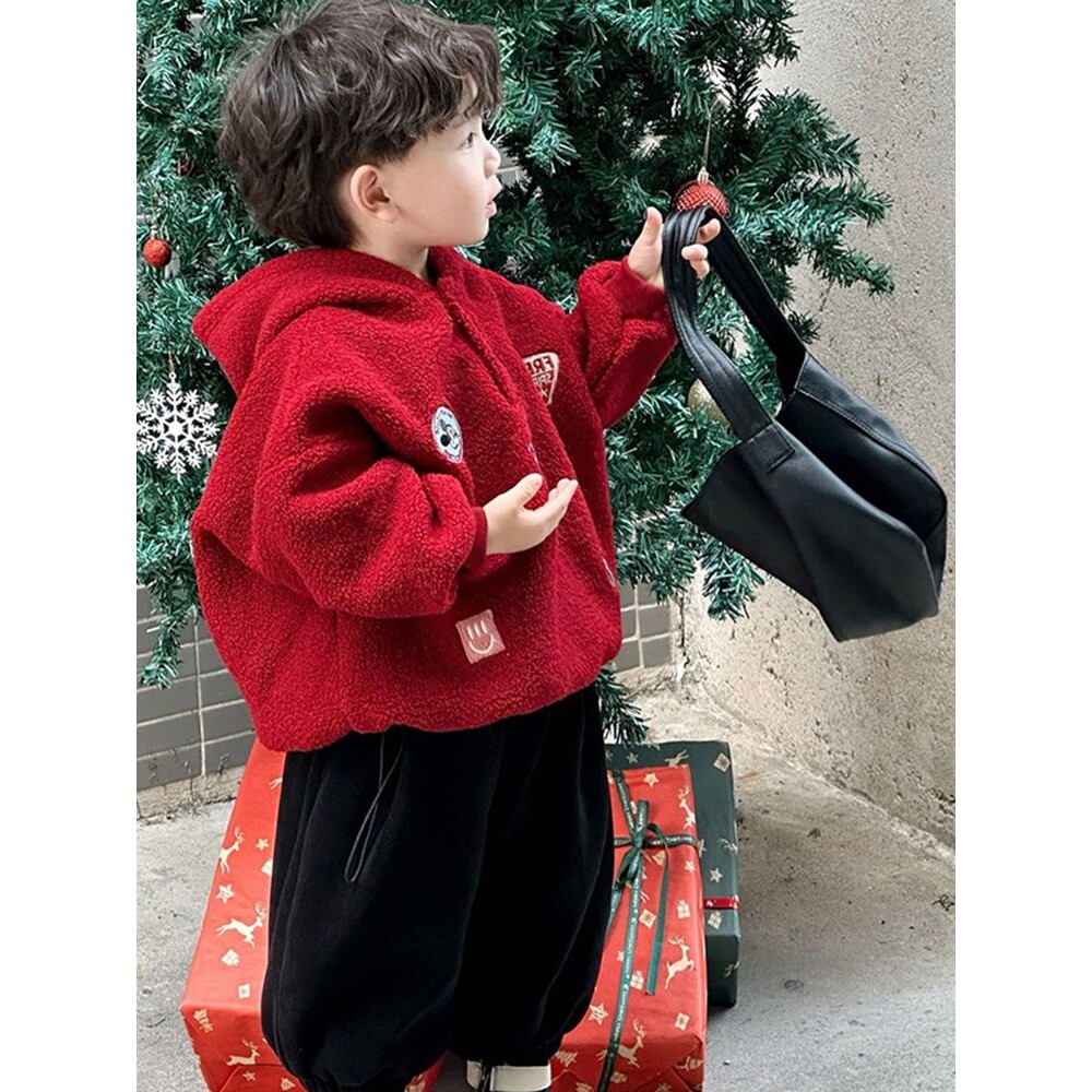 男童加绒卫衣冬季2024新年装圣诞红中小童喜庆韩版百搭保暖毛毛衣