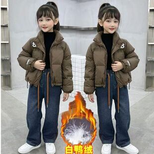女童冬季套装2024新款儿童加厚白鸭绒羽绒服韩版百搭加绒牛仔裤潮