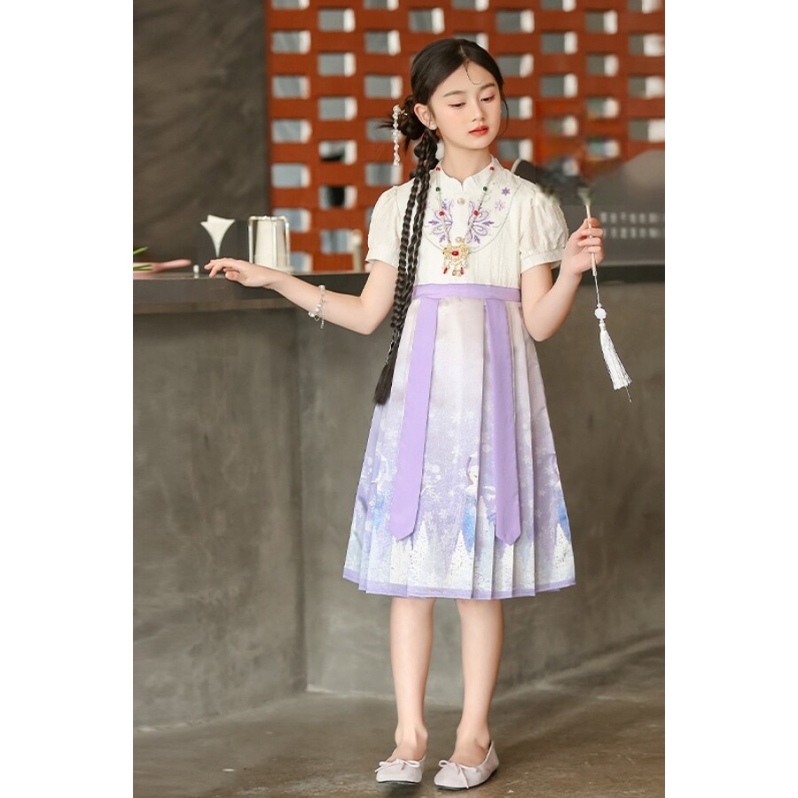 女童2026新款夏款国风爱莎公主风裙儿童中大童洋气网红短袖马面裙