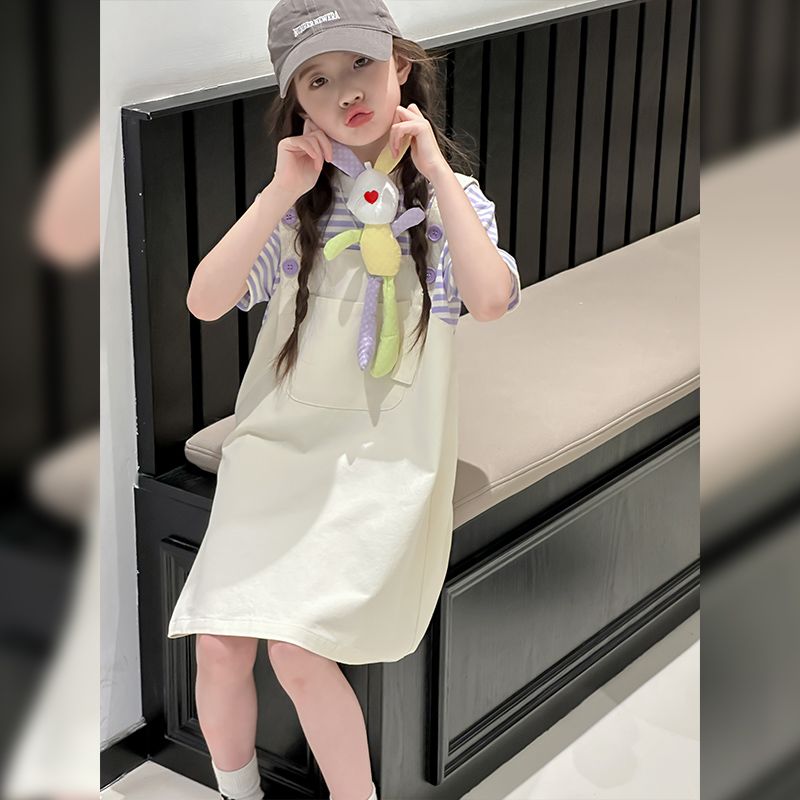 2024新款女童背带夏装儿童洋气夏季裙子公主女孩假两件连衣裙