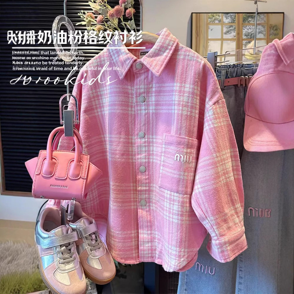 女童衬衫长袖春秋2026新款韩系格子洋气时髦翻领上衣儿童衬衣外套
