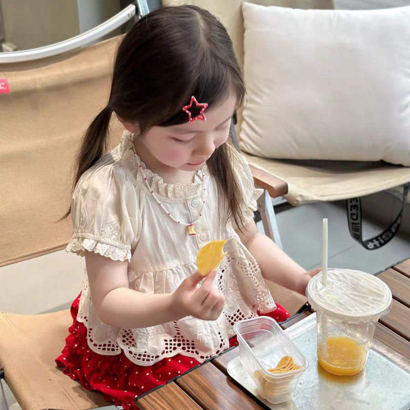 女童套装2026款夏季洋气短袖衬衫两件套装波点半身裙花边棉短袖