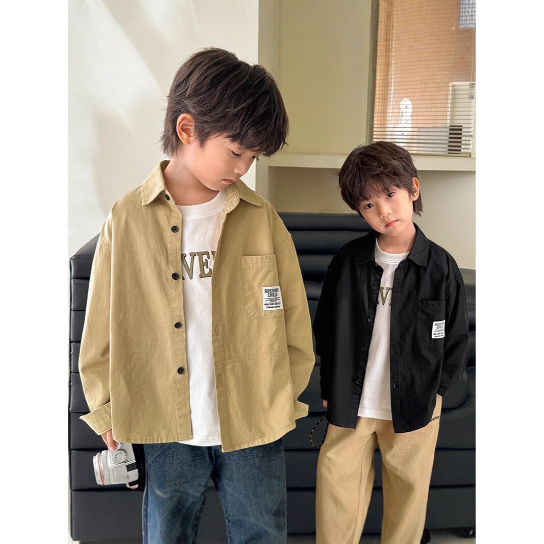 童装长袖衬衫男童纯色痞帅男孩上衣2026新款春装儿童春秋款衬衣潮