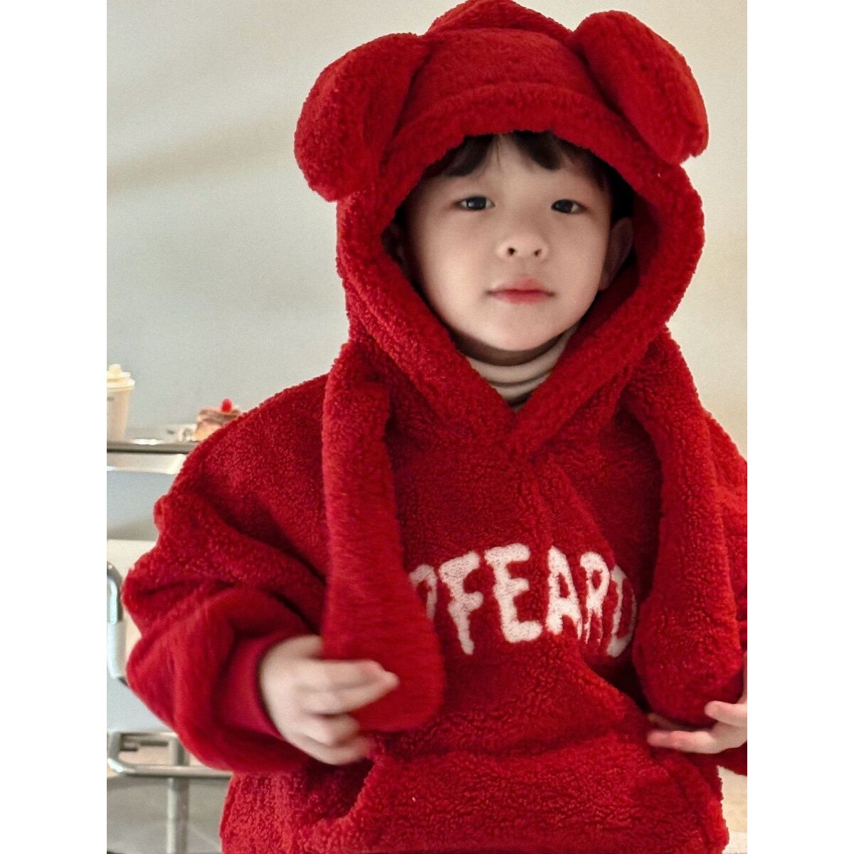 儿童喜庆卫衣宝宝冬季连帽羊羔绒外套男女童洋气兔耳朵红色年服潮