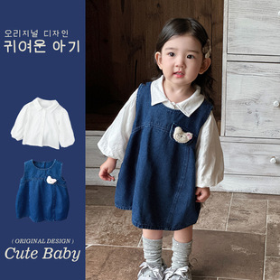 2026春季新品女婴幼童套装韩版翻领领打底衫牛仔背心连衣裙两件套
