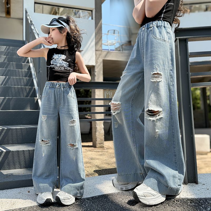 女童夏季薄款牛仔裤2026女孩洋气新款时尚中大童百搭破洞牛仔裤子