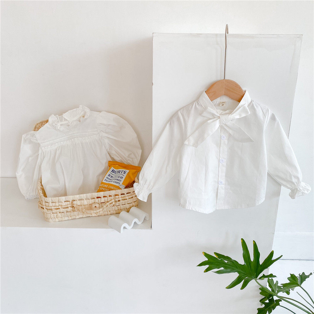 儿童纯棉蝴蝶花边衬衫2024春款女童上衣系带衬衫