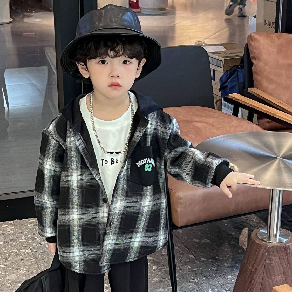 中大童男女童连帽格子外套秋冬加绒加厚春秋新款儿童上衣衬衫外搭