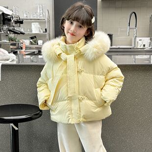 女童短款羽绒服2025新款韩版毛领面包服冬季儿童连帽加厚羽绒外套