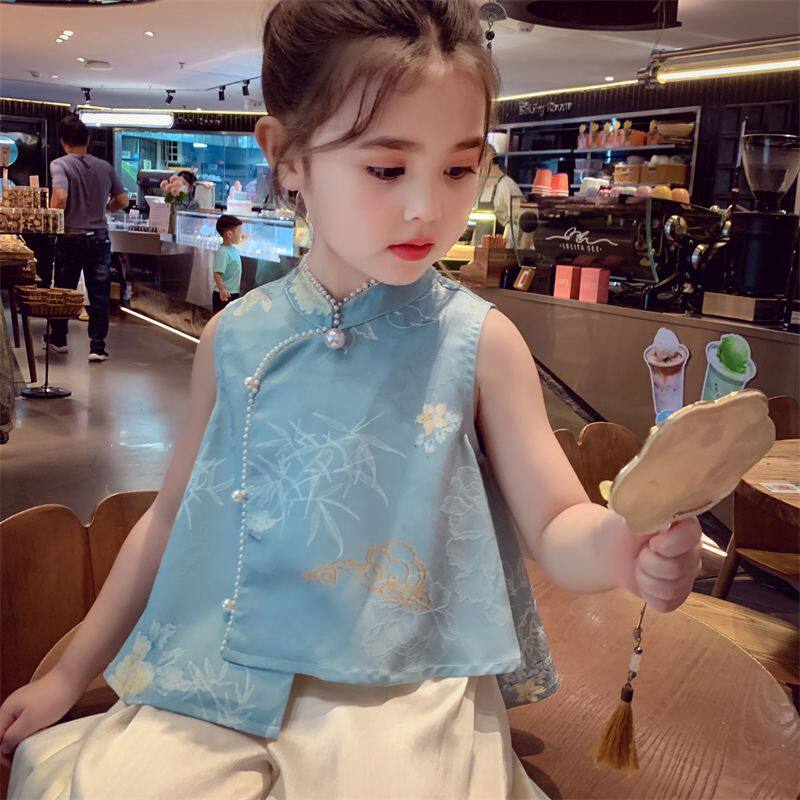 女童中式国风套装夏装2026儿童新款无袖夏季上衣阔腿裤两件套童装