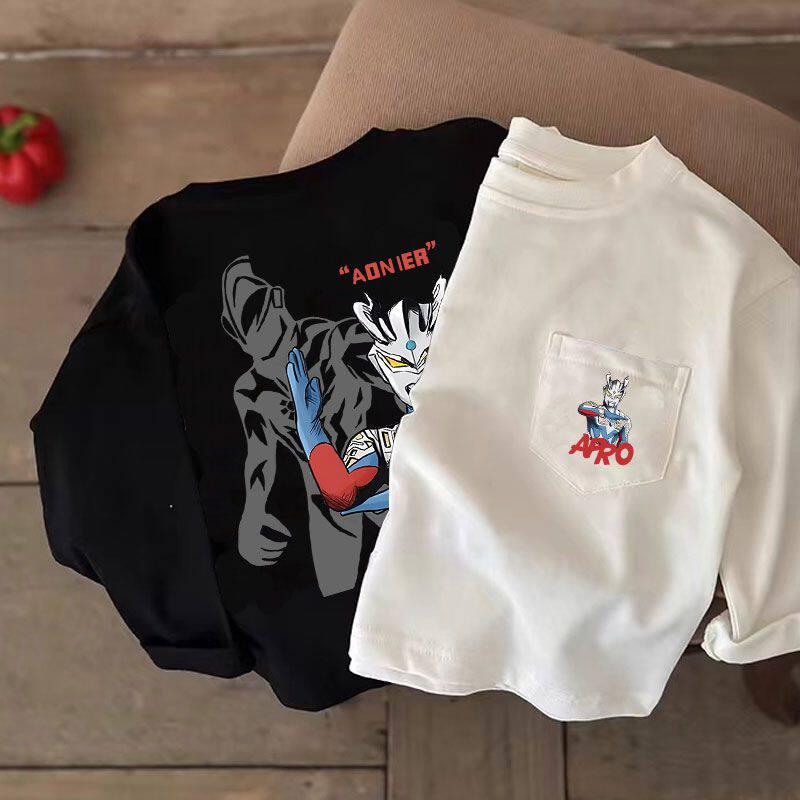 纯棉韩版儿童新款奥特曼T恤卡通长?男童秋季宝宝口袋上衣春秋装t