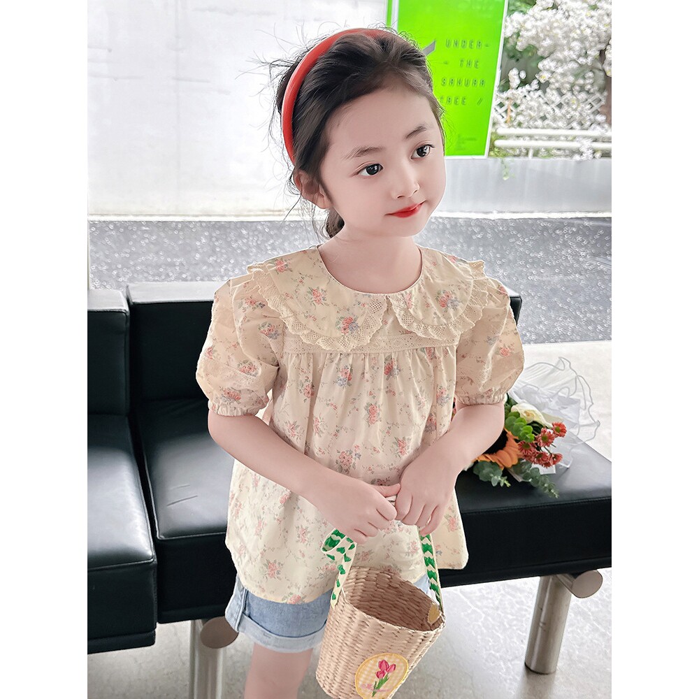女童夏季短袖上衣全棉衬衫纽扣纯棉碎花甜美蕾丝韩版幼儿园娃娃衫