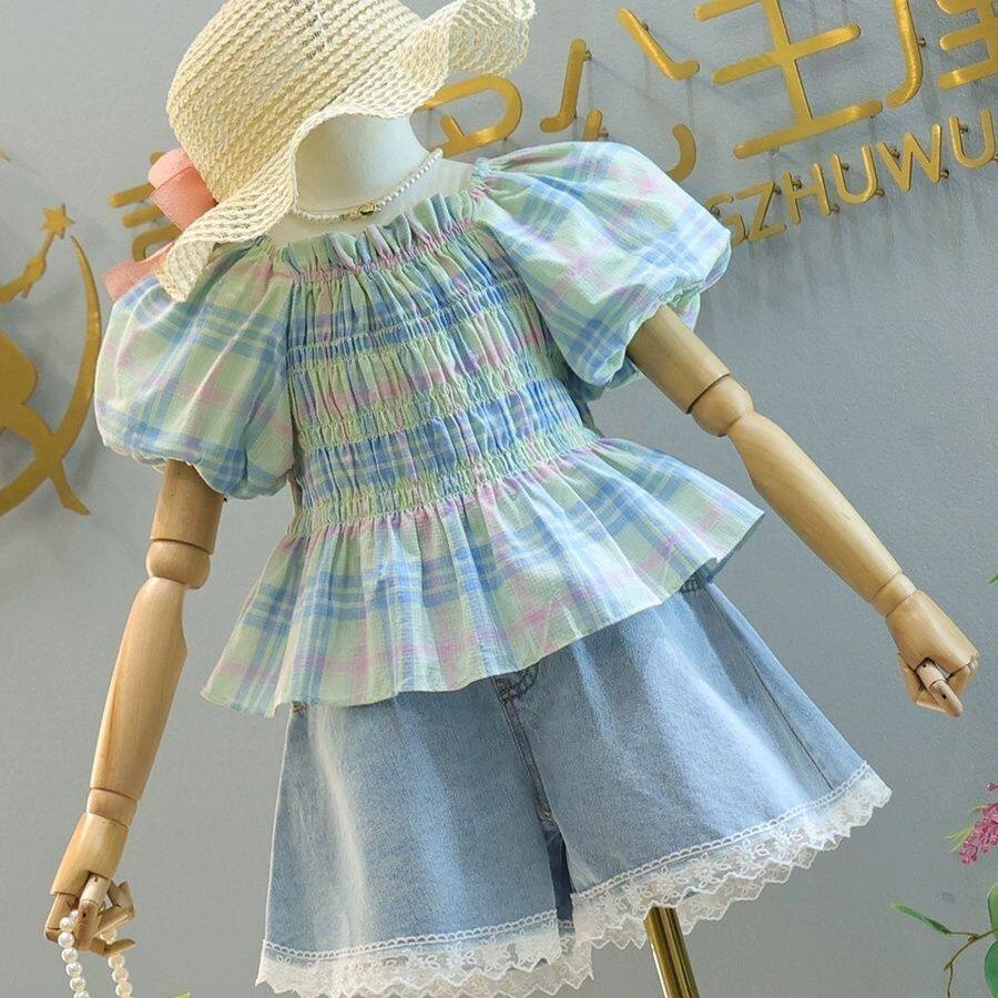 女童夏季新款套装2026洋气儿童泡泡袖短袖衬衫时髦牛仔短裤两件套
