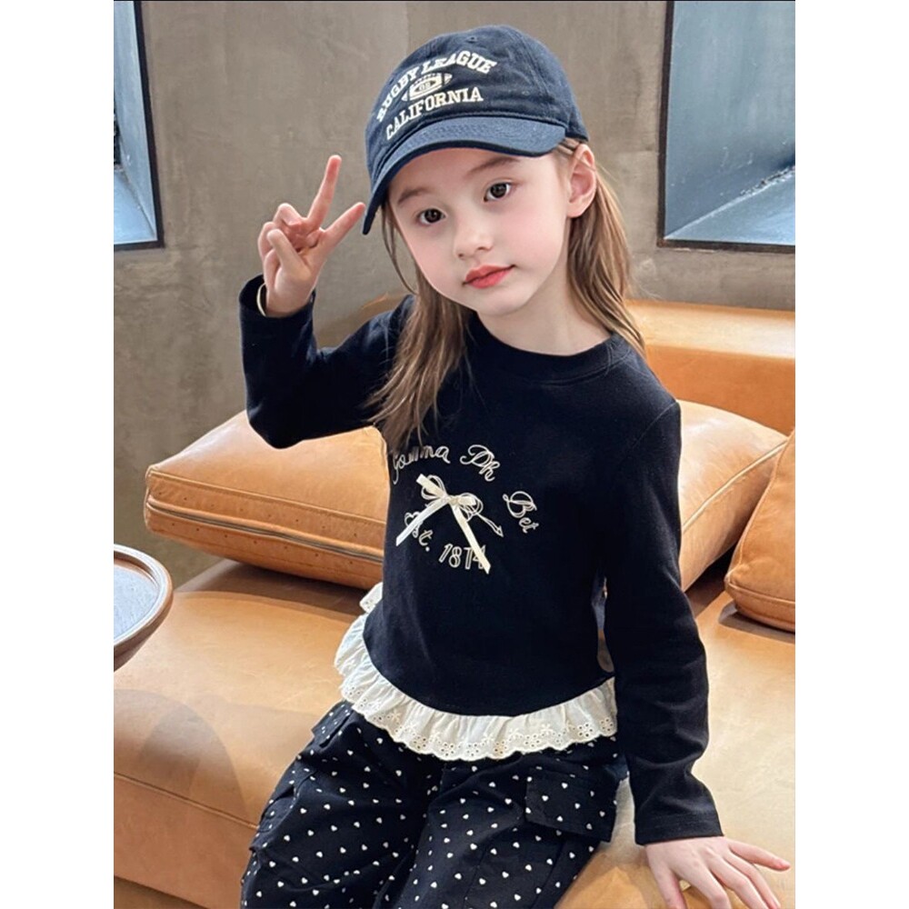 儿童秋季长袖T恤女童蝴蝶结纯色打底衫 宝宝可爱蕾丝花边休闲上衣