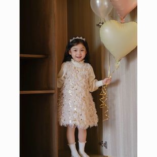 女童连衣裙2026秋冬季羽毛亮片公主生日礼服夹棉背心裙子儿童无袖