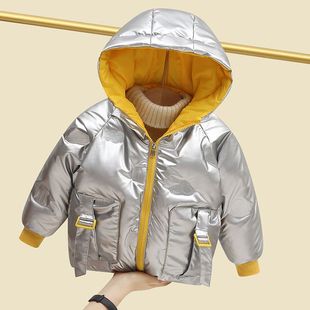 冬季太空银色中小童羽绒服男童女童连帽冬装外套白鸭绒韩