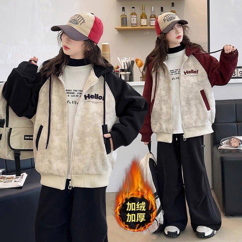 女童外套加绒加厚2024新款冬季大童学生休闲卫衣冬装插色连帽上衣