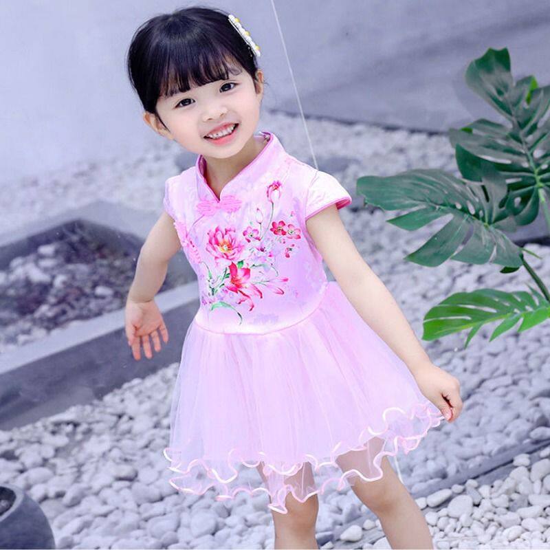 女童夏季连衣裙小女孩中国风公主裙中小童汉服蓬蓬纱裙表演旗袍裙