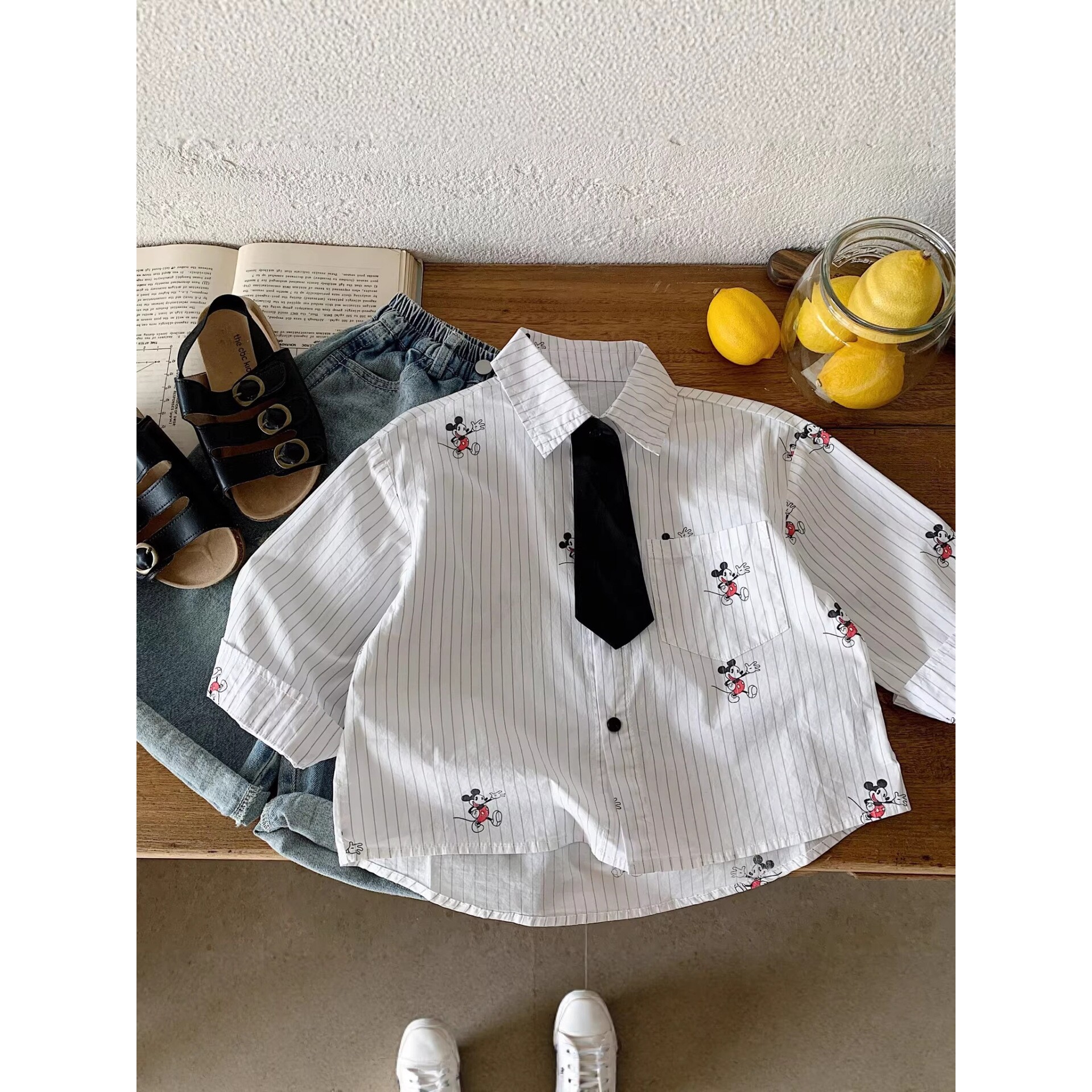 儿童衬衣2026春季新品韩版条纹卡通印花男童百搭女童休闲衬衣上衣