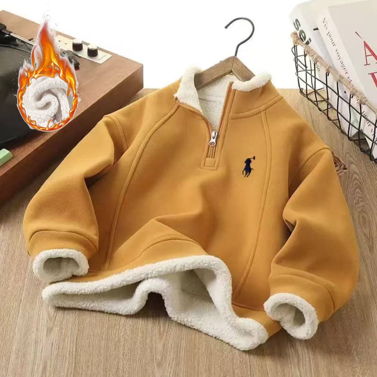 冬季新款加绒加厚男童青少年一体绒卫衣半高领圆领拉链款时尚百搭