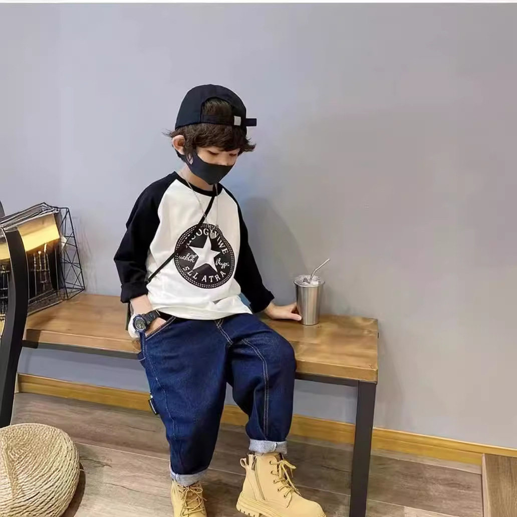 纯棉儿童长袖春秋款男童拼色五星T恤上衣中小童韩版休闲外穿衣服