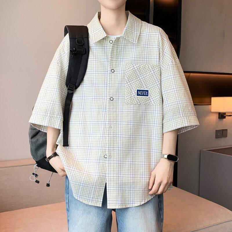 纯棉格子衬衫青少年男孩夏季薄款外套初中生短袖上衣男大童装宽松