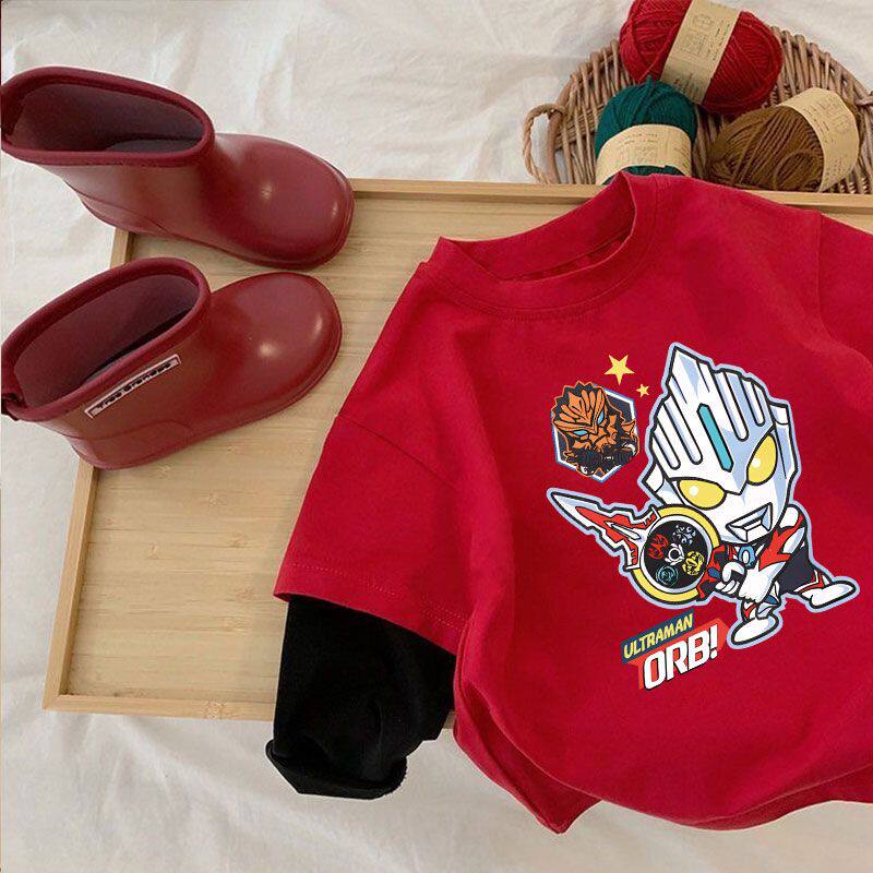 纯棉红色长袖T恤男童宝宝假两件新款奥特曼衣服上衣宽松打底衫潮