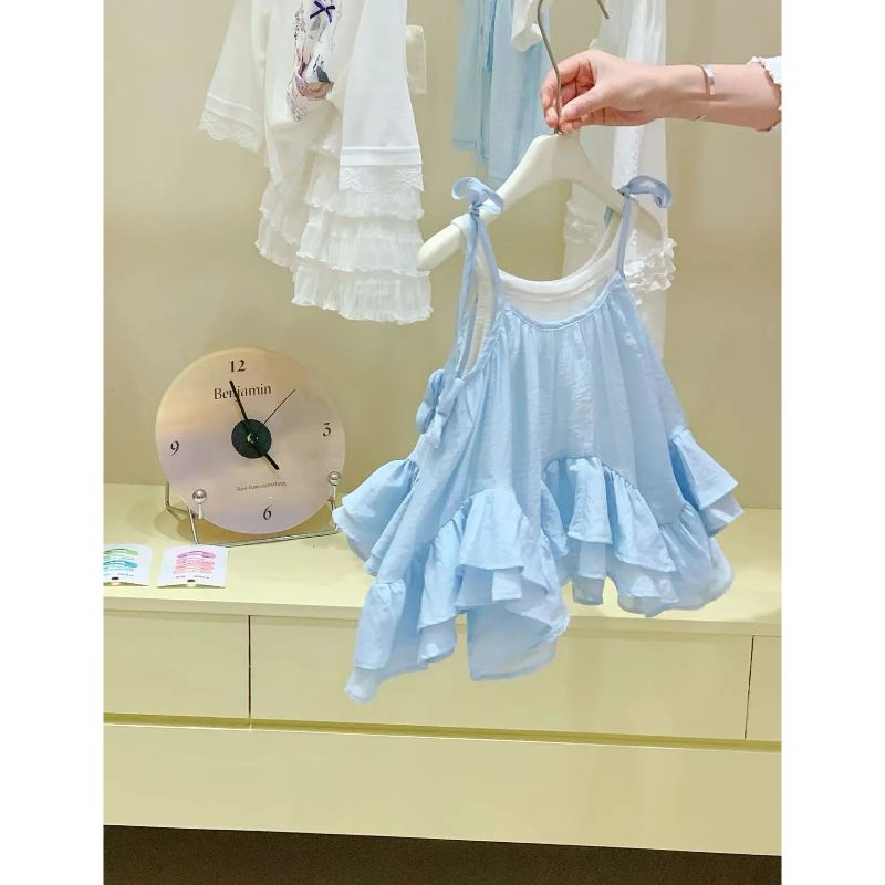 女宝宝花边尾吊带裙2026夏季韩系童装女童浅蓝色连衣裙背心裙潮