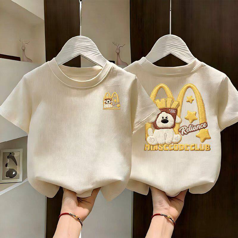 中小童洋气短袖t恤夏季个性创意薯条小狗仿刺绣印花宽松小众上衣