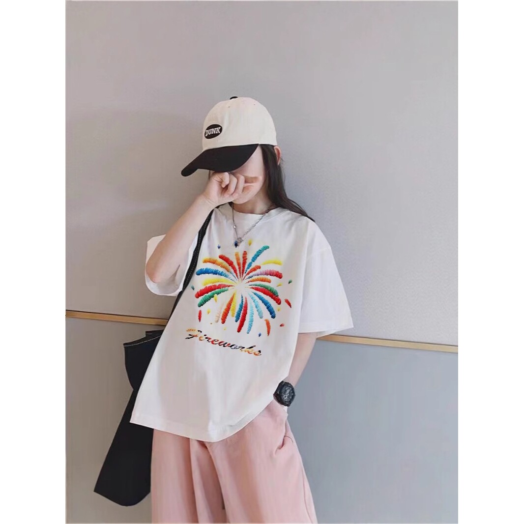 新款T恤中大童露营风短袖儿童短袖纯棉男童女童夏季单件中大童