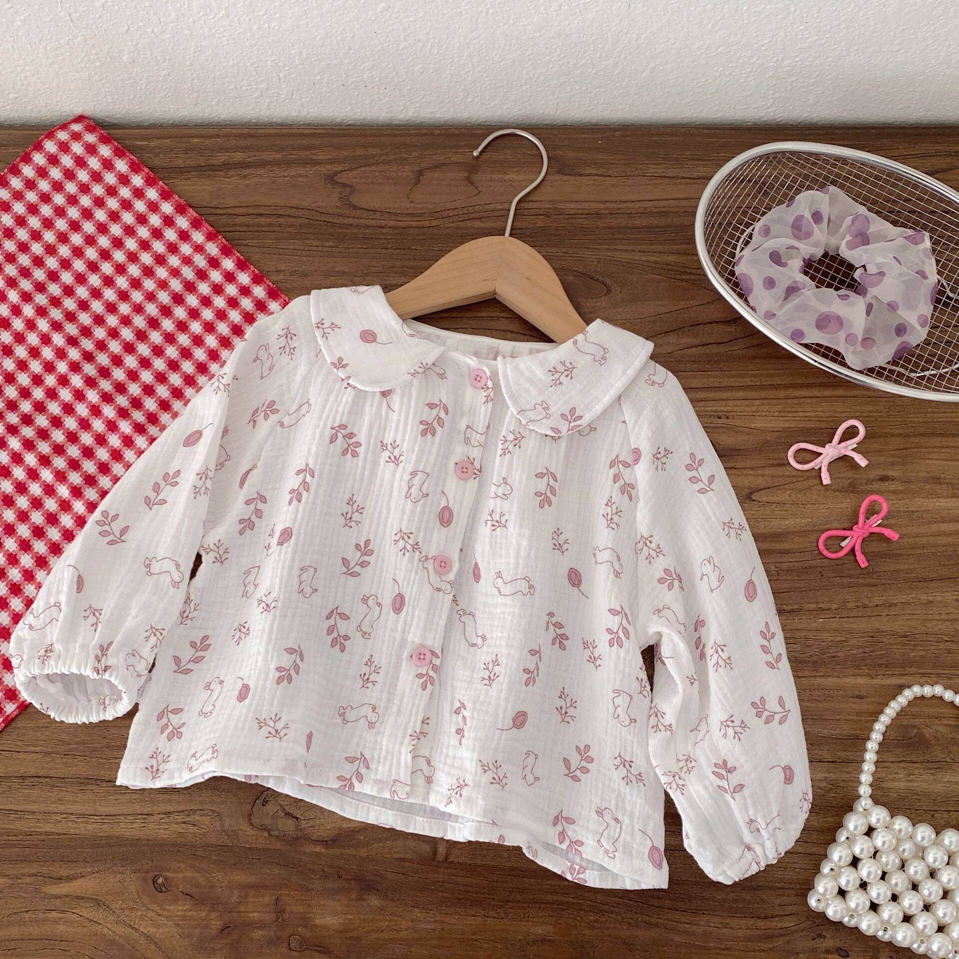 2026女童新款卡通兔子耳朵长袖衬衫春装纯棉碎花娃娃领韩版上衣潮