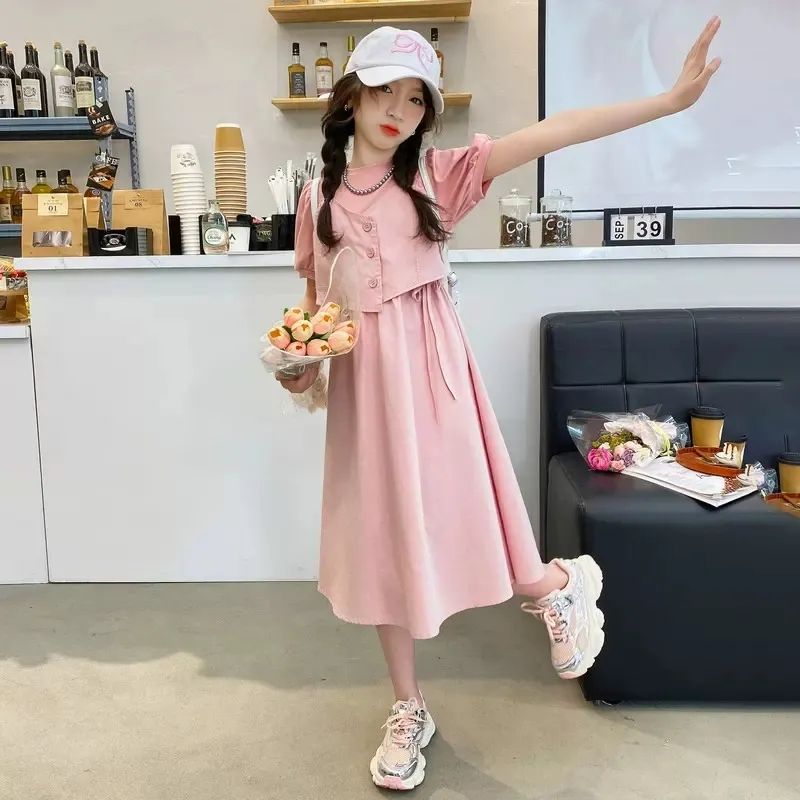 女童夏装连衣裙新款时髦洋气儿童假两件背带裙女大童夏季气质裙子