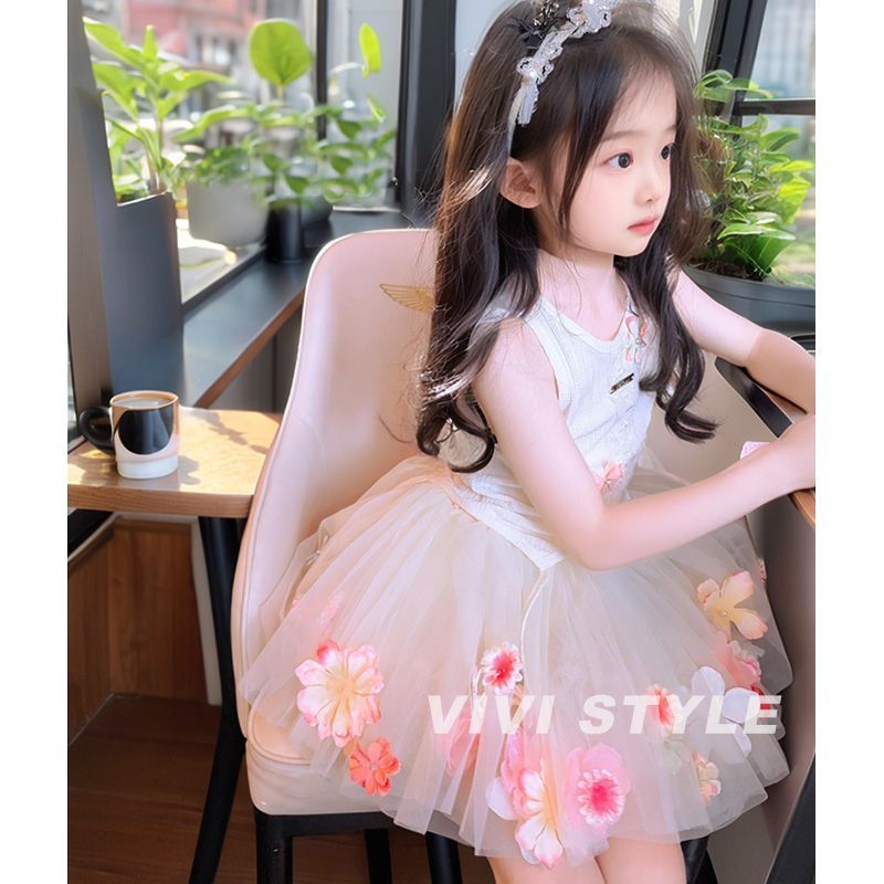 女童连衣裙夏季2026新款小女孩吊带蓬蓬裙生日礼服儿童公主裙套装