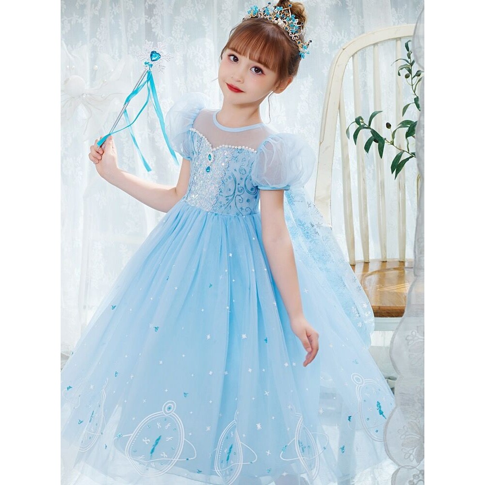 新款爱莎公主裙子冰雪奇缘艾沙女童夏装网纱连衣裙夏艾莎儿童服装