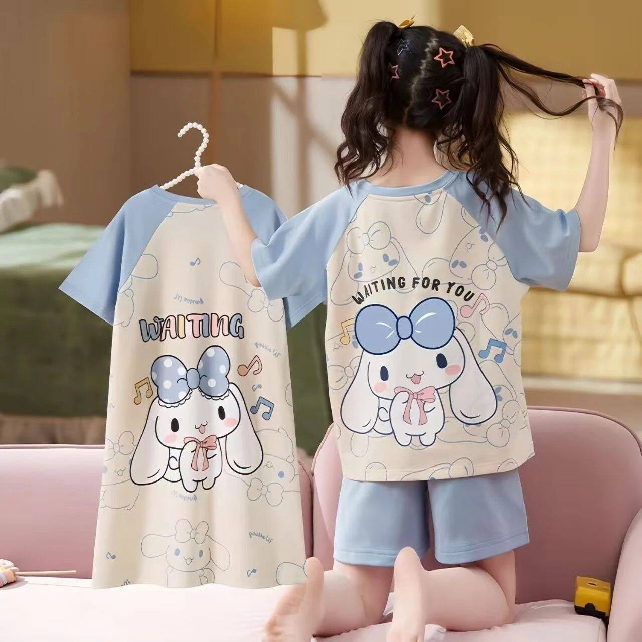 儿童睡裙女童夏季短袖薄款空调服小女孩宝宝可爱玉桂狗家居服套装