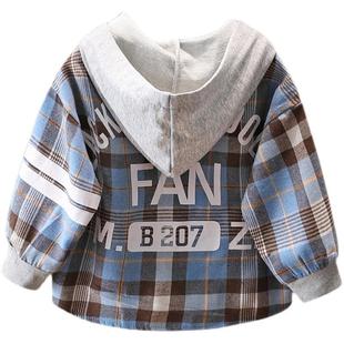 男童外套秋冬装加绒加厚衬衫儿童外穿宽松长袖格子中大童连帽上衣