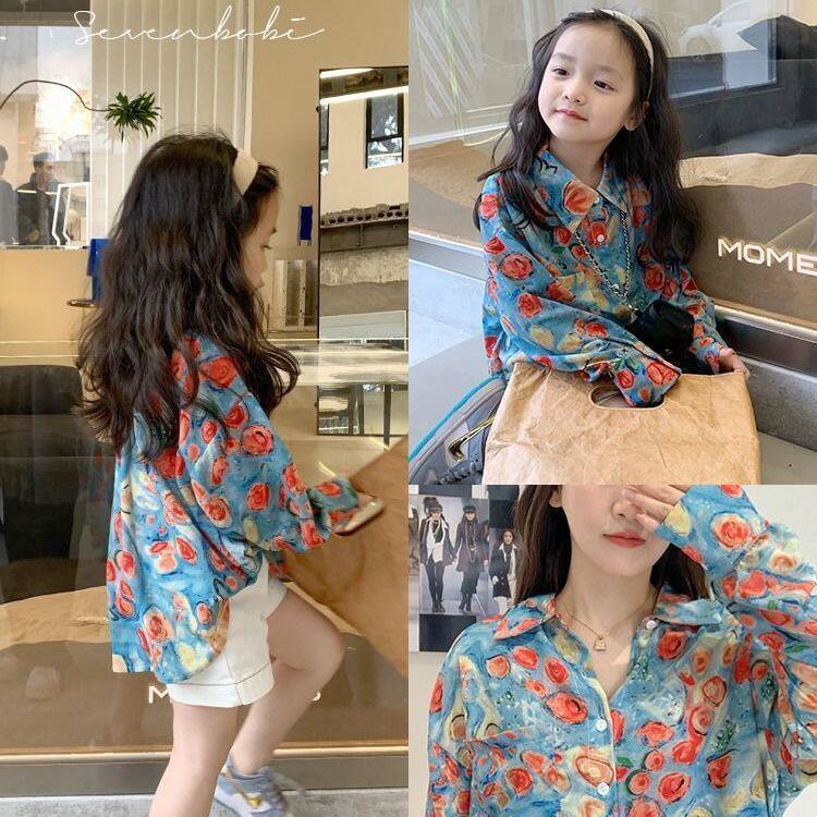 韩版新款童装儿童法式长袖衬衫上衣外套女童港风慵懒休闲印花衬衣