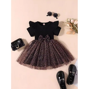 童装夏款欧美小童棉坑条短袖豹纹网纱蝴蝶结女童连衣裙