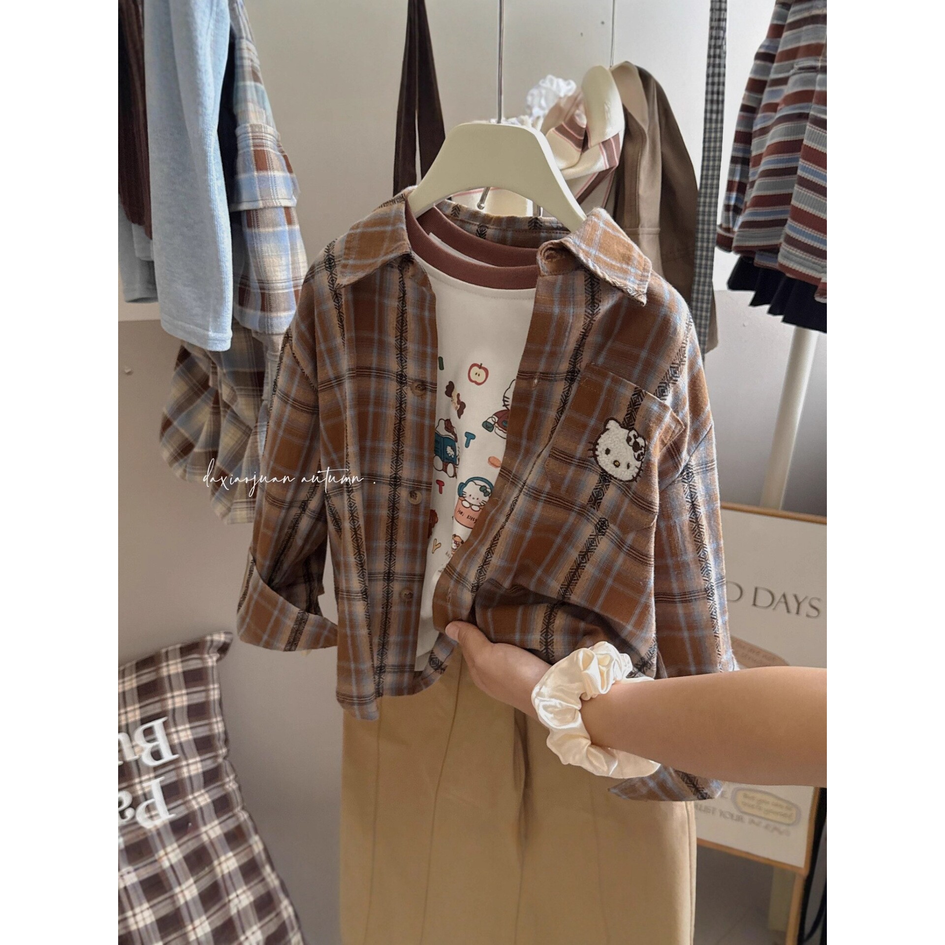 大小卷女童秋装新款宽松慵懒百搭格子衬衫长袖外套上衣衬衣洋气