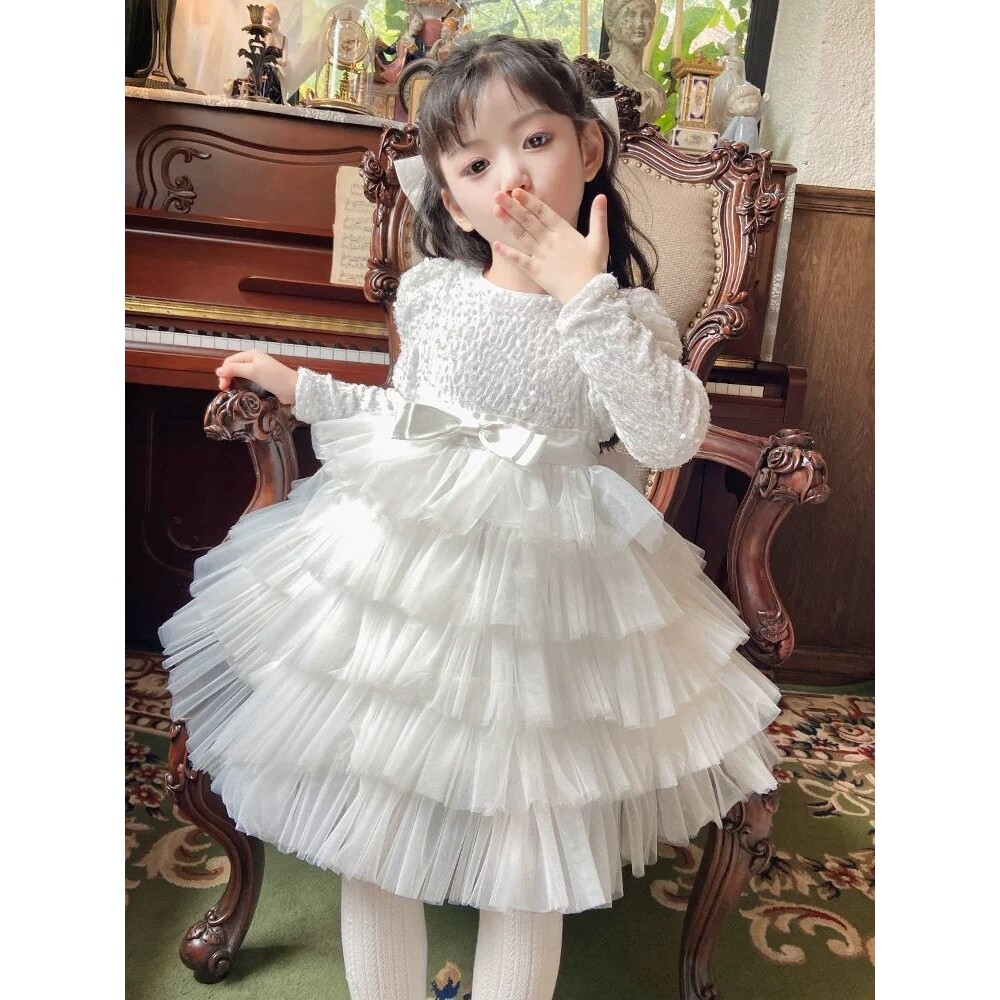女童春秋白色网纱蛋糕裙 蝴蝶结亮片加绒公主裙 甜美蓬蓬连衣裙