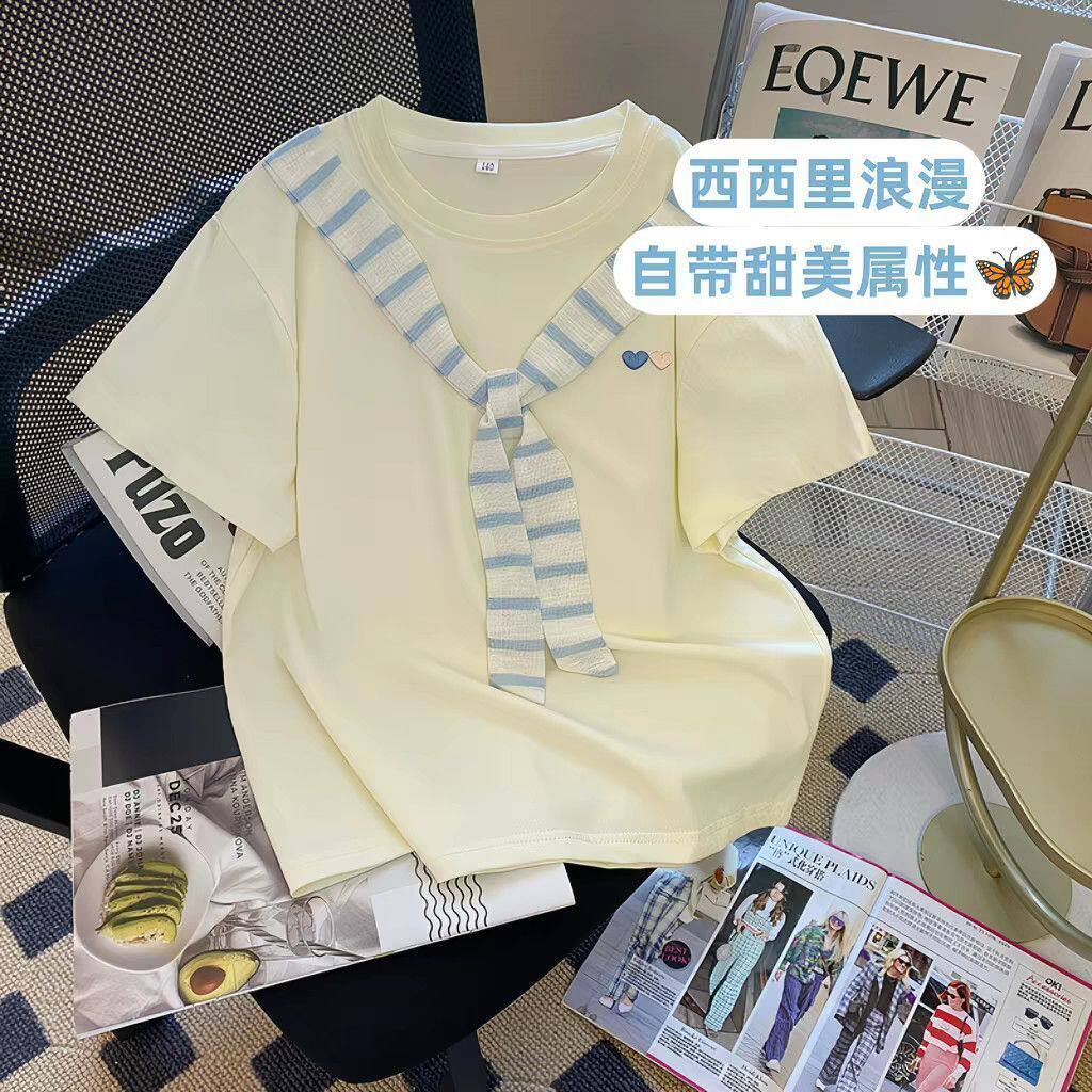 女童短袖T恤2026夏季新款中大童韩版纯棉条纹小披肩拼接半袖上衣