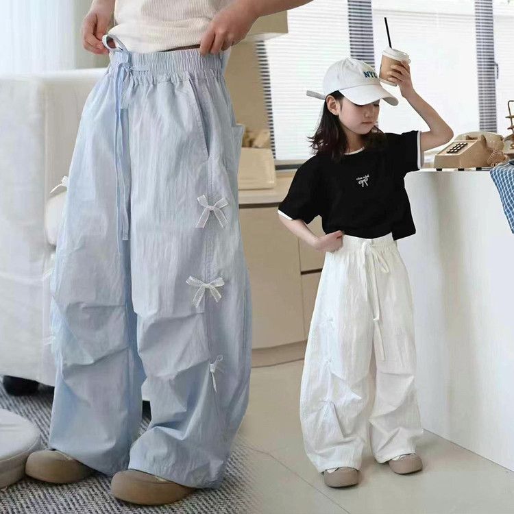 女童工装裤夏装2026新款大童女装阔腿直筒裤夏季初中生蝴蝶结裤子