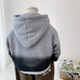 男童加绒加厚连帽卫衣儿童韩版时髦冬季上衣小童一体羊羔绒套头衫