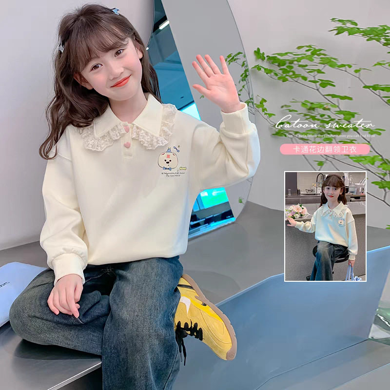 女童秋季卫衣2026新款花边童装女孩中大童翻领上衣 新款套头衫