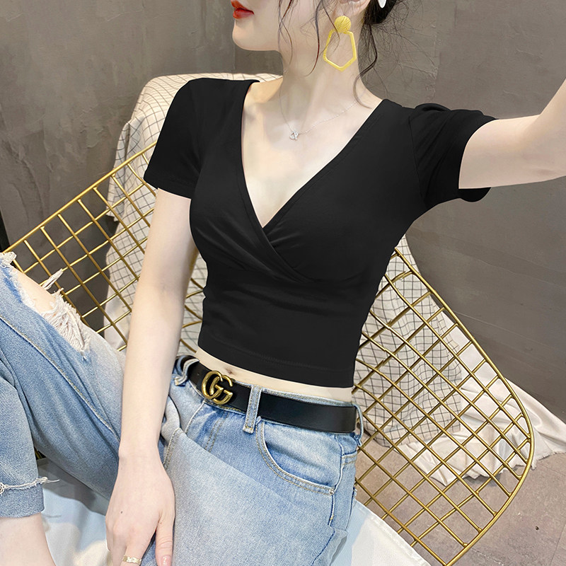 黑色V领短袖T恤女士2025夏季新款高级感性感修身高腰短款露脐上衣