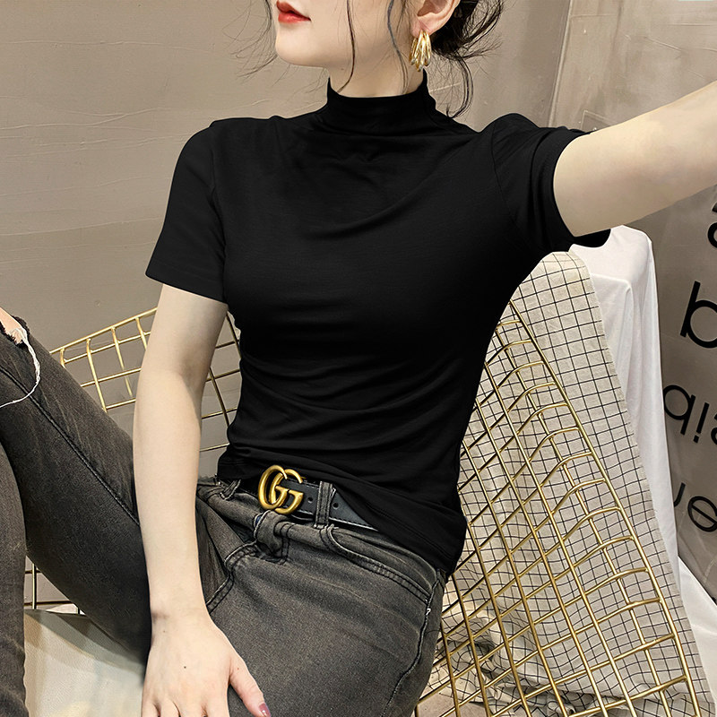 潮牌夏季短袖T恤女修身百搭气质2023新款紧身黑色半高领打底上衣