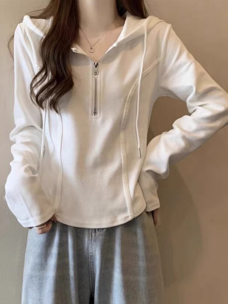 潮牌1212春秋装修身内搭短款白色连帽卫衣女打底衫早秋季帽衫上衣